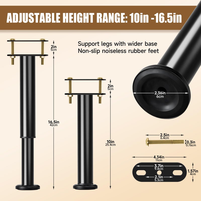 Laowu 4Pcs Metal Adjustable Height Center Support Leg for Bed Frame  Bed Support Legs for Wood Slats  Under Bed Frame Support Legs Replacement  Bed Reinforcement Kit for Wooden Frame  Height 10"" to 16.5"" - Image 2